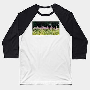 Sunlit Chamaenerion angustifolium flowers against dark shadowed forest Baseball T-Shirt